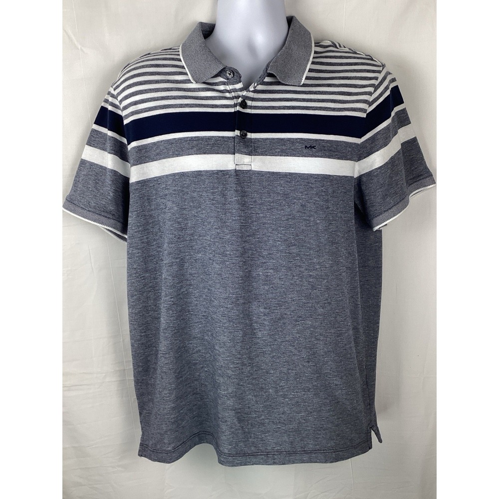 MICHAEL KORS Birdseye Cotton Blend Gray Striped Polo Short Sleeve Shirt Size XL